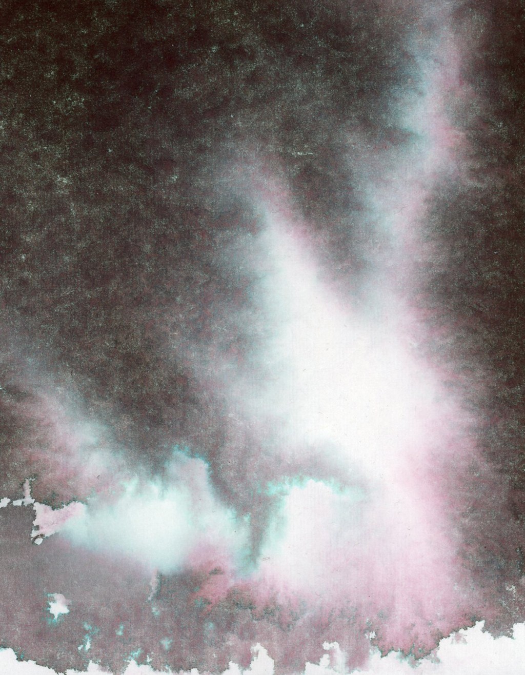 Close-up detail of a Robert Oster Graphite ink wash on handmade paper, showing the dramatic color separation of the ink. Soft teal and dusty rose tones bloom outward from a bright near-white center against the deep dark background, resembling a nebula or aurora.