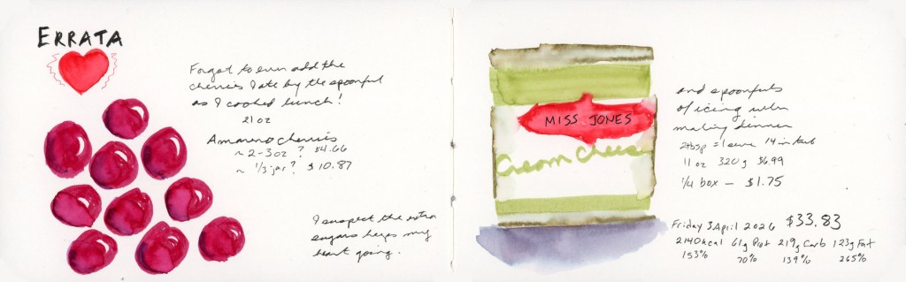 A double page spread in a Stillman & Birn Delta sketchbook labeled Errata in bold lettering with a red heart on the left page. Loose watercolor sketches of deep red Amareno cherries are scattered across the left page with handwritten notes about forgotten food entries. The right page shows a detailed sketch of a Miss Jones cream cheese icing container in green and red, with handwritten cost and nutrition data. Dated Friday 3 April 2026.