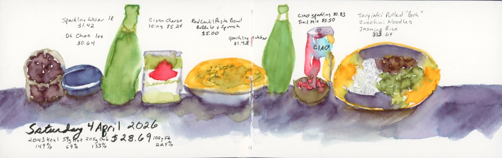 A double page food diary spread dated Saturday 4 April 2026. A lineup of food items sits along a deep purple watercolor horizon wash. Left to right: a dark chocolate bar and blue-lidded container, a tall green sparkling water bottle, a Miss Jones cream cheese jar in green and red, a golden bowl of red lentil pasta with spinach, a second green sparkling water bottle, a small bowl with a Ciao cherry sparkling water can, and a large golden oval plate with teriyaki pulled pork, jasmine rice, and zucchini noodles. Handwritten food names, costs, and nutrition totals below.