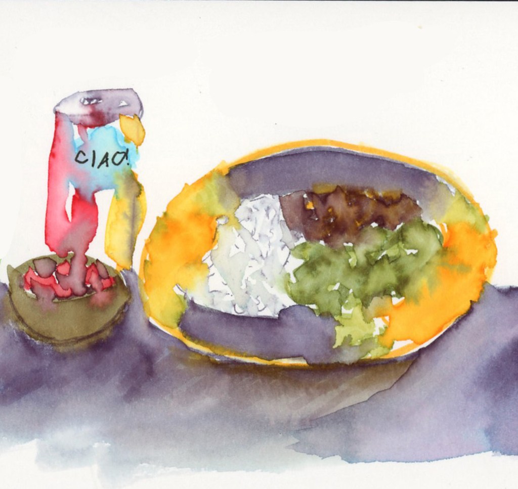 Close-up detail from the Saturday 4 April 2026 food diary spread. A Ciao cherry sparkling water can in red and blue stands beside a small bowl of cherry tomatoes, and a large golden oval plate holds teriyaki pulled pork, jasmine rice, and zucchini noodles, all sitting on a soft purple watercolor wash. Stillman & Birn Delta sketchbook.