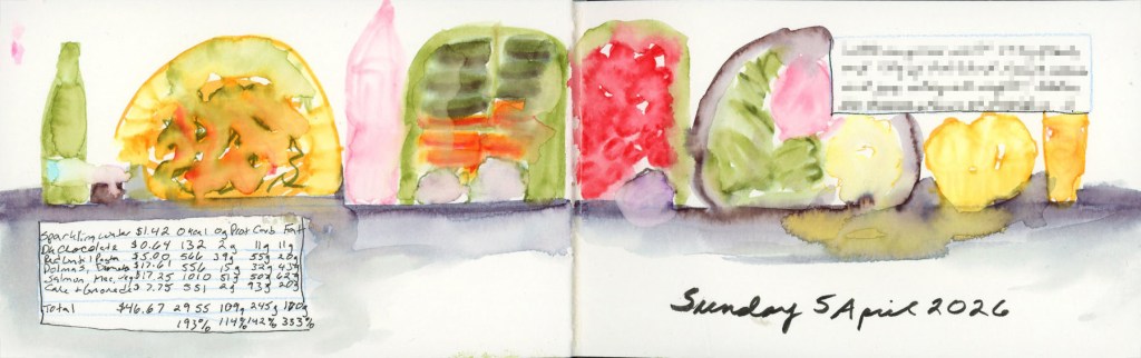 A double page food diary spread dated Sunday 5 April 2026. A loose watercolor lineup of food items stretches across both pages along a soft blue-grey horizon wash. Items include a pink sparkling water bottle, dark chocolate, a red lentil pasta bowl, a Summer Strawberry sparkling water bottle, two halves of a bento box — one with dolmas, baby carrots, hummus and herb garlic cheese, the other with cherry tomatoes and kalamata olives — followed by a plate of salmon with roasted vegetables and mac and cheese, lemon olive oil cake muffins, and a lemonade. Handwritten food names and nutrition data in the lower left. Stillman & Birn Delta sketchbook.