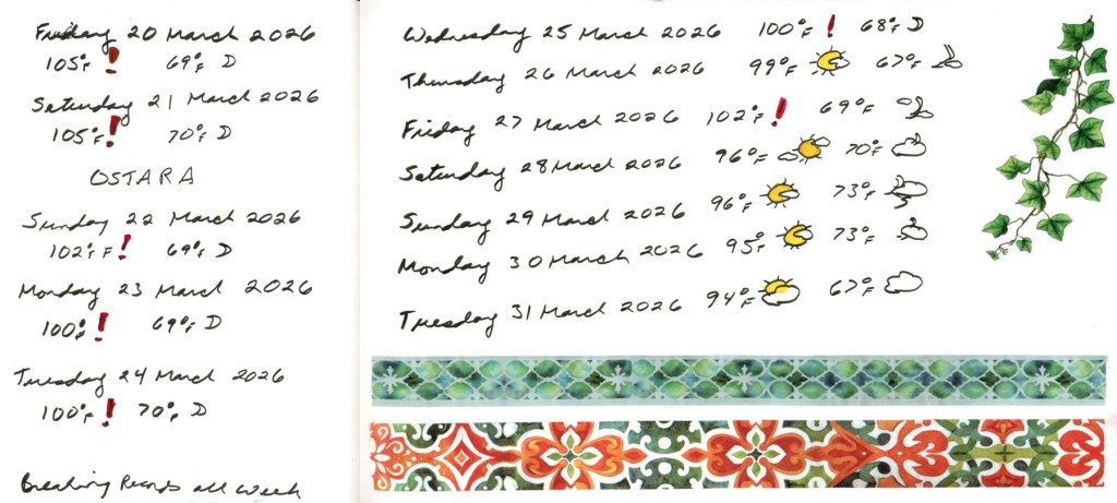 A double page sketchbook spread showing a handwritten dates and weather log for March 20–31 2026, with red exclamation marks on record breaking temperatures reaching 105°F, Ostara noted on March 21st, a trailing ivy sticker on the right side, and two decorative washi tape borders in blue-green tile and red tile patterns running along the bottom of both pages.