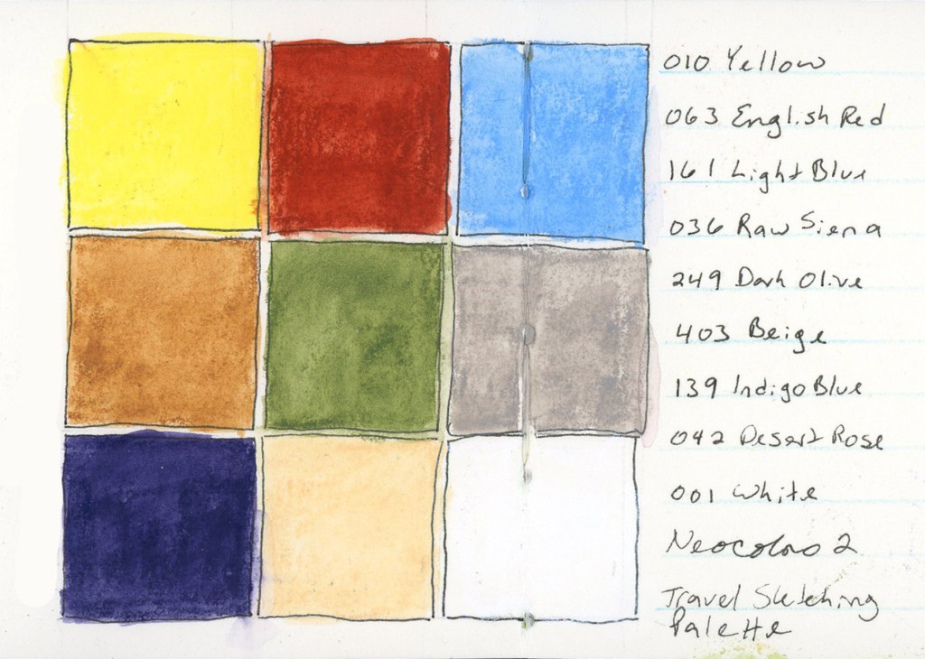 Nine Neocolor II wax pastel swatches in bold saturated squares arranged in a three by three grid on white lined paper. Colors include Yellow, English Red, Light Blue, Raw Sienna, Dark Olive, Beige, Indigo Blue, Desert Rose, and White. Labeled Neocolor II Travel Sketching Palette.