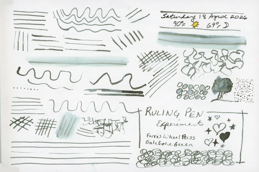 A sketchbook page filled with ruling pen mark-making experiments in Ferris Wheel Press Galeforce Green, a distinctive grey-green ink. The page shows parallel lines, wave patterns, crosshatching, loops, stippling, and gestural scribbles across the left and center. On the right a small tree sketch, rounded bush shapes, and loose organic marks sit alongside a labeled box reading Ruling Pen Experiments, Ferris Wheel Press Galeforce Green, decorated with small hand-drawn hearts and stars. Saturday 18 April 2026 with weather noted in the upper right corner. Stillman and Birn Alpha sketchbook.