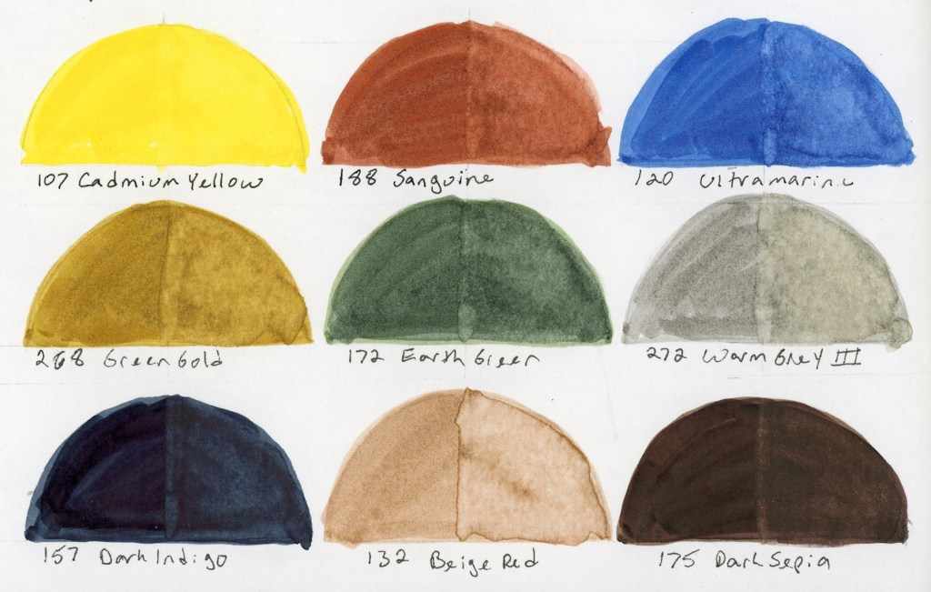 Nine watercolor marker swatches in half-dome format on white paper, labeled with color numbers and names. Colors are Cadmium Yellow, Sanguine, Ultramarine, Green Gold, Earth Green, Warm Grey III, Dark Indigo, Beige Red, and Dark Sepia. Albrecht Dürer Watercolor Markers, Travel Sketching palette.