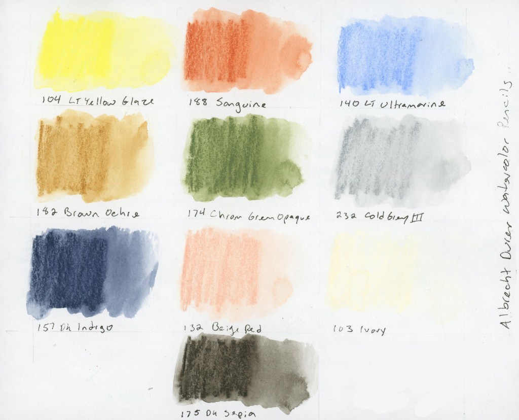Nine watercolor pencil swatches in rectangular wash format on white paper, labeled with color numbers and names. Colors include Lt Yellow Glaze, Sanguine, Lt Ultramarine, Brown Ochre, Chrom Green Opaque, Cold Grey III, Dark Indigo, Beige Red, Ivory, and Dark Sepia. Albrecht Dürer Watercolor Pencils, Travel Sketching palette.