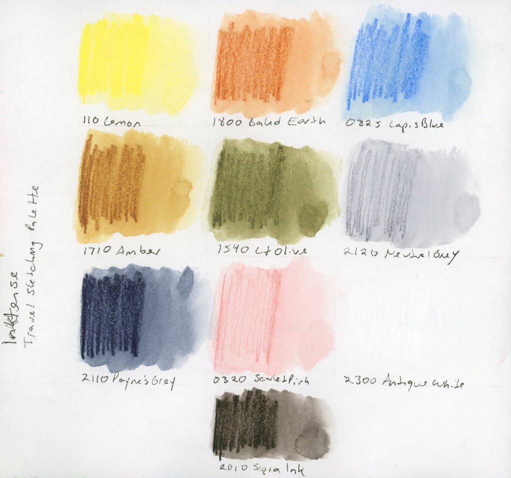 en Inktense pencil swatches in rectangular wash format on white paper, labeled with color numbers and names. Colors include Lemon, Baked Earth, Lapis Blue, Amber, Lt Olive, Neutral Grey, Paynes Grey, Scarlet Pink, Antique White, and Sepia Ink. Inktense Travel Sketching palette.