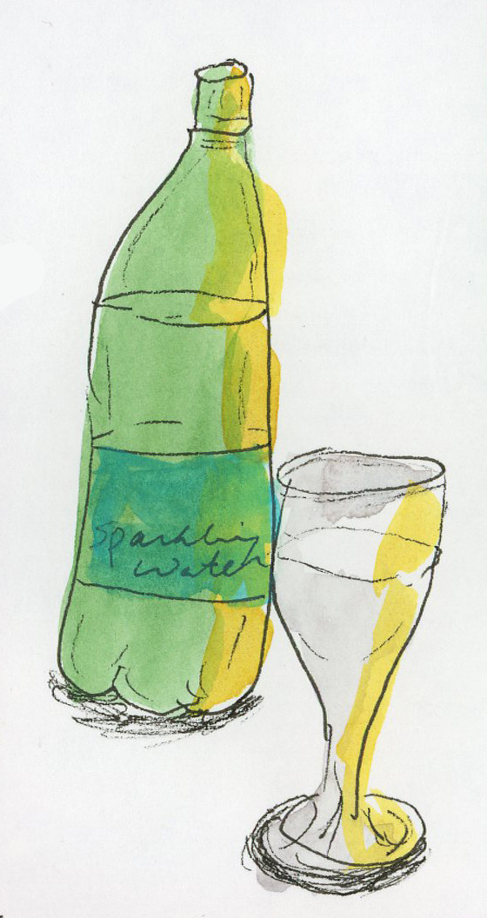 A loose ink and watercolor sketch of a large green sparkling water bottle beside a stemmed glass on a white sketchbook page. The bottle is rendered in layered greens and teals with yellow highlights suggesting the plastic catching light, and the word "sparkling water" written on the label in the artist's hand. The glass is lightly sketched in grey with a yellow highlight streak suggesting reflected light. Stillman and Birn Alpha sketchbook.