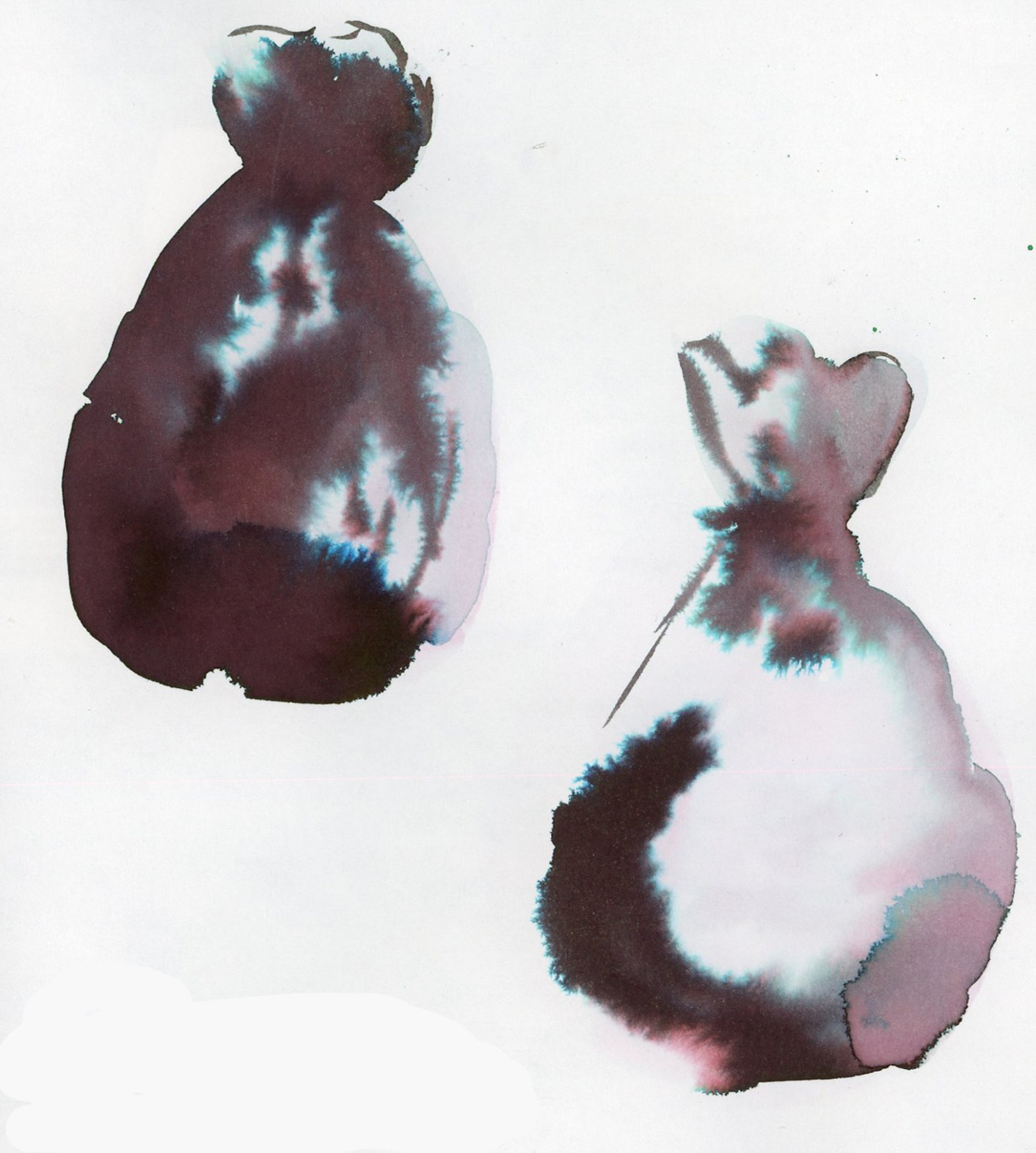 Two large ink washed garbage bags on white sketchbook paper, rendered in Robert Oster Graphite ink. The blobs are deep dark purple-brown with dramatic teal and turquoise chromatography blooms spreading through the pigment, giving each shape a moody atmospheric quality. Stillman and Birn Alpha sketchbook.