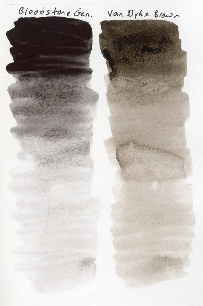 Two tall vertical watercolor gradient swatches side by side on white sketchbook paper, each fading from deep saturation at the top to a near-white wash at the bottom. The left swatch labeled Bloodstone Genuine is a cool dark grey-brown with visible granulation. The right swatch labeled Van Dyke Brown is warmer and earthier with a slightly different granulation texture. The comparison shows Bloodstone as cooler and greyer while Van Dyke Brown reads as warmer and more overtly brown. Stillman and Birn Alpha sketchbook.