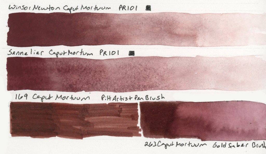 A watercolor swatch comparison page showing four horizontal wash bands on ivory sketchbook paper. From top to bottom: Winsor and Newton Caput Mortuum Violet, Sennelier Caput Mortuum, Pitt Artist Brush Pen Caput Mortuum, and Goldfaber Aqua Dual Brush Caput Mortuum. All are deep brownish-reddish-purple tones with subtle variations in warmth, granulation, and opacity. Stillman and Birn Delta sketchbook.