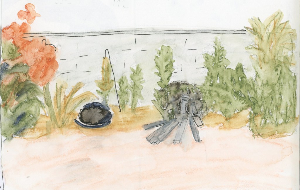 A watercolor pencil sketch of a back yard garden bed, showing a row of tall weeds and trees against a grey wall, with orange-red flowering plants at the left, golden weeds in the centre, and two decomposing barrel planters rendered as dark rounded shapes on the rocky ground. A shepherd's hook curves up between the plantings.