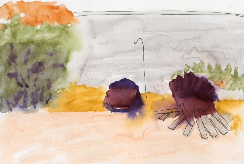 A watercolor marker sketch of the back yard, with a large orange-topped shrub at the left rendered in bright saturated colour, a grey wall wash behind, and two decomposing barrel planters in deep burgundy and purple tones at centre and right. I bold and saturated color.