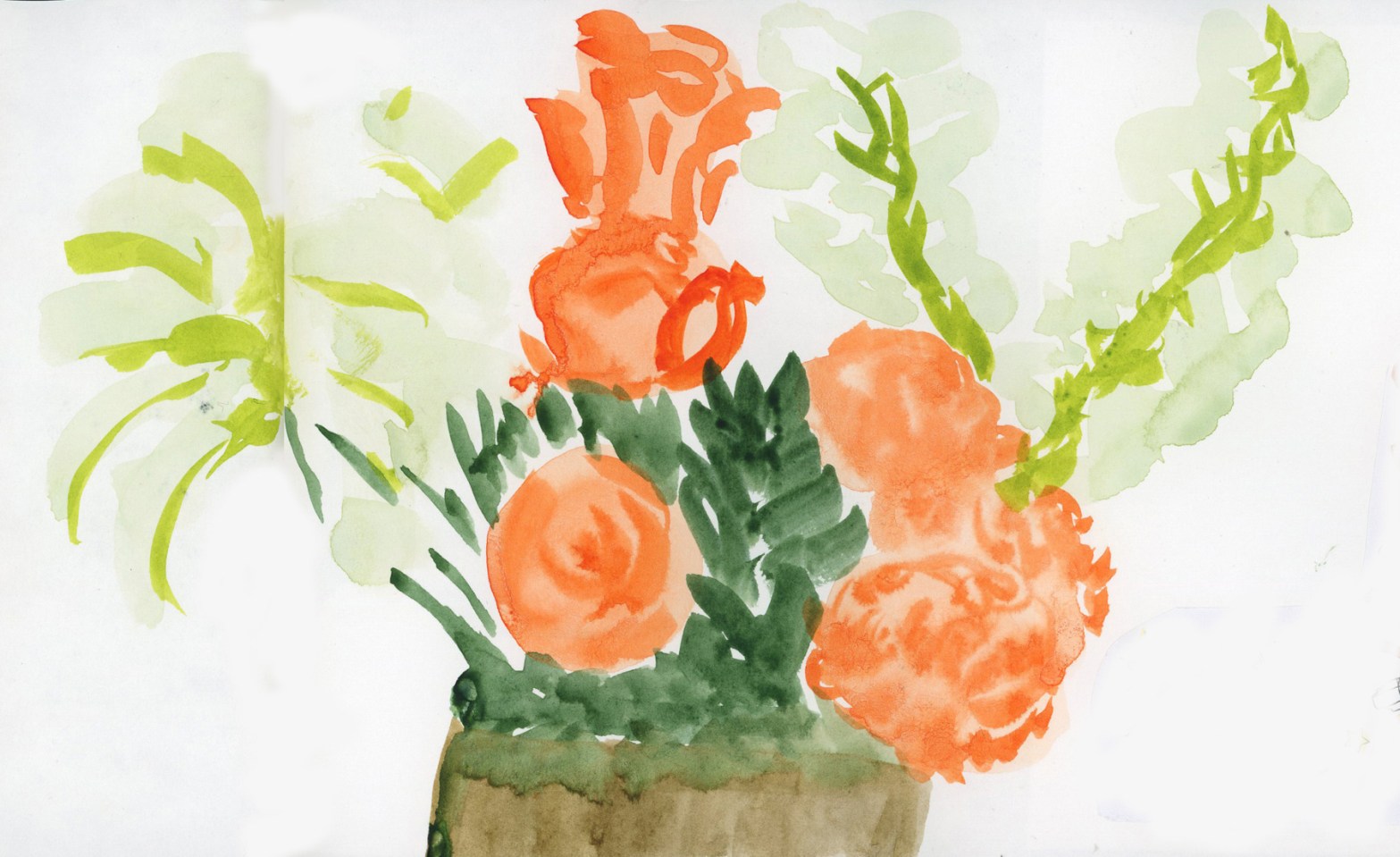 A loose watercolor sketch of a bouquet of orange roses and carnations in a green vase, with chartreuse and soft green foliage in the background, painted in a fluid, gestural style.