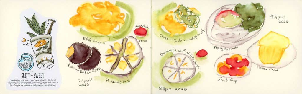 Three days of food diary sketches in a Stillman & Birn Delta sketchbook, drawn in Shikiori markers with watercolor activation. April 7 shows BBQ chips, peanut butter cups, and quesadillas. April 8 shows more chips,sedanini with spinach and a quesadilla with enchilada sauce. April 9 shows a flying avocado, a fruit cup, and lemon cake.