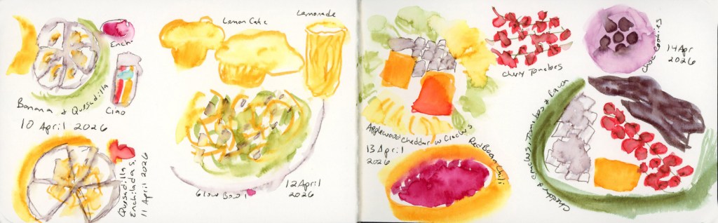 Five days of food diary sketches in a Stillman & Birn Delta sketchbook, drawn in Shikiori markers with watercolor activation. April 10 shows banana, quesadilla, and a Ciao sparkling water. April 11 shows quesadilla with enchilada sauce. April 12 shows a glow bowl, lemon cake, and lemonade. April 13 shows applewood cheddar with crackers and red bean chili. April 14 shows cherry tomatoes, chocolate cookies, and cheddar crackers with vegan bacon.