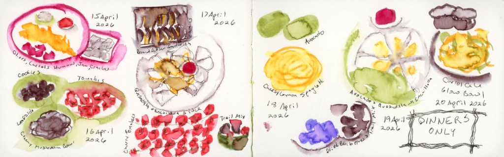 Six days of food diary sketches in a Stillman & Birn Delta sketchbook, drawn in Shikiori markers with watercolor activation. Dates run April 15 through April 20, with meals including a Leafside creamy mushroom bowl, cherry tomatoes, a peanut butter sandwich cookie plate, cheesy lemon spaghetti, and carrot cake. A hand-lettered box reading DINNERS ONLY appears on the right-hand page.