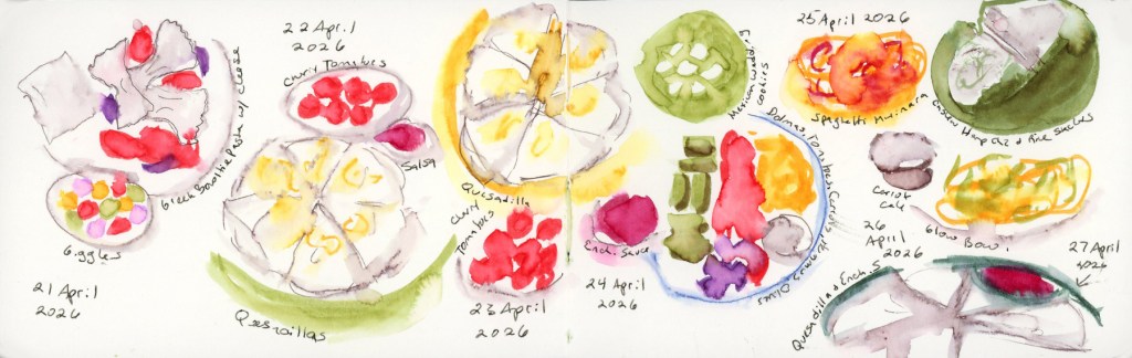 Seven days of food diary sketches in a Stillman & Birn Delta sketchbook, drawn in Shikiori markers with watercolor activation. Dates run April 21 through April 27, with meals including Greek bowtie pasta with cheese, a small bowl of Giggles candy, cherry tomatoes, quesadillas with salsa, dolmas with tomatoes and carrots, Mexican wedding cookies, spaghetti marinara, and carrot cake with a glow bowl.
