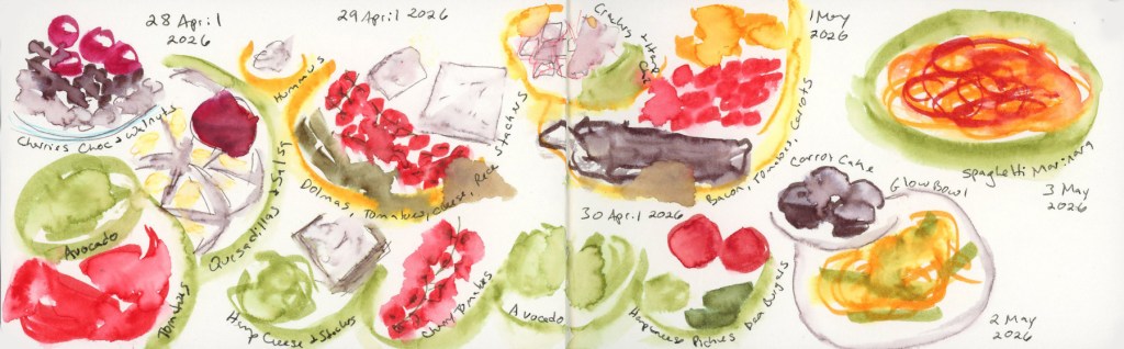 Seven days of food diary sketches in a Stillman & Birn Delta sketchbook, drawn in Shikiori markers with watercolor activation. Dates run April 28 through May 3, with meals including quesadillas with salsa, avocado, cherry chocolate walnut dessert, hummus with dolmas and rice stackers, hemp cheese and bean burgers, crackers with vegan bacon and tomatoes, carrot cake with a glow bowl, and spaghetti marinara.