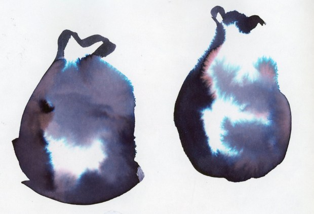 Two abstract ink shapes resembling garbage bags, painted in deep blue-black ink with dramatic blue chromatography bleeding through the centers, creating an almost celestial or eclipse-like effect.