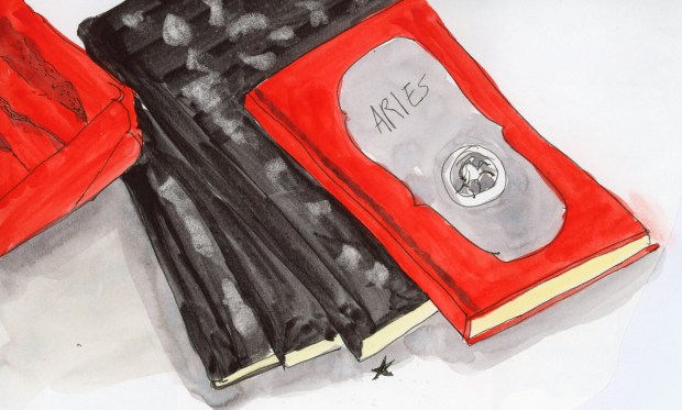 A watercolor and ink sketch of a stack of journals — black Witch's Composition Books and a red Aries Journal Book with a medallion on the cover — rendered in bold red, black, and grey washes.