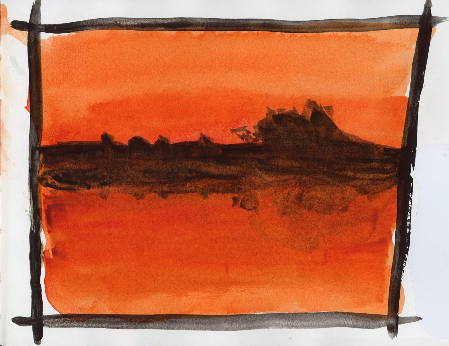 A watercolor painting of a dramatic fire-red sunset sky, framed by loose bold painted borders. A dark silhouetted treeline and rooftops stretch across the middle ground, rendered in deep brown-black washes. The entire sky above and below the horizon glows in intense layers of orange and red, painted in Bloodstone Genuine and Transparent Pyrrol Orange watercolor.