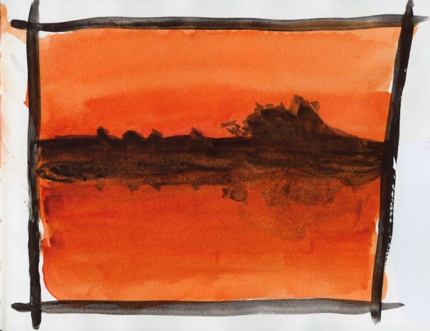 A watercolor painting of a dramatic fire-red sunset sky, framed by loose bold painted borders. A dark silhouetted treeline and rooftops stretch across the middle ground, rendered in deep brown-black washes. The entire sky above and below the horizon glows in intense layers of orange and red, painted in Bloodstone Genuine and Transparent Pyrrol Orange watercolor.