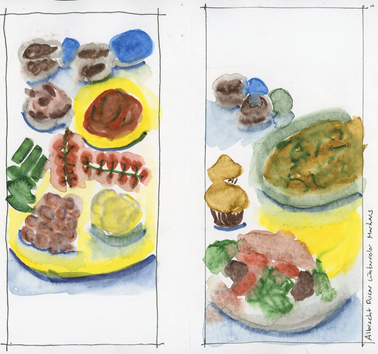 wo side-by-side illustrated food diary pages showing meals from Saturday 9 May and Sunday 10 May 2026, painted in a limited color palette using Albrecht Dürer Watercolor Markers. Each day shows loose watercolor sketches of meals arranged on yellow plates and bowls, including a cupcake, salad, and various dishes, rendered in soft washes of yellow, green, brown, blue and muted red.