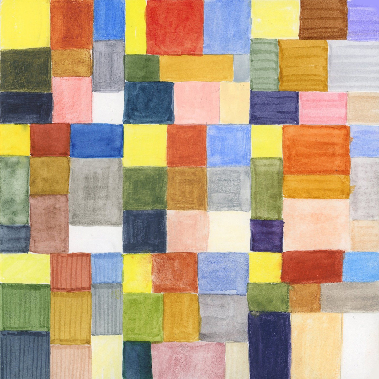 An abstract watercolor grid painting made up of colorful painted squares arranged in a sudoku-style layout, nine sets of nine color blocks each representing the same limited Travel Sketching palette rendered in a different medium. Colors include yellow, orange-red, blue, teal, olive green, gold, grey, pink, mauve, purple and peach, painted in varied textures reflecting each medium's character.