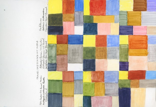 An abstract watercolor grid painting made up of colorful painted squares arranged in a sudoku-style layout, nine sets of nine color blocks each representing the same limited Travel Sketching palette rendered in a different medium. Colors include yellow, orange-red, blue, teal, olive green, gold, grey, pink, mauve, purple and peach, painted in varied textures reflecting each medium's character.