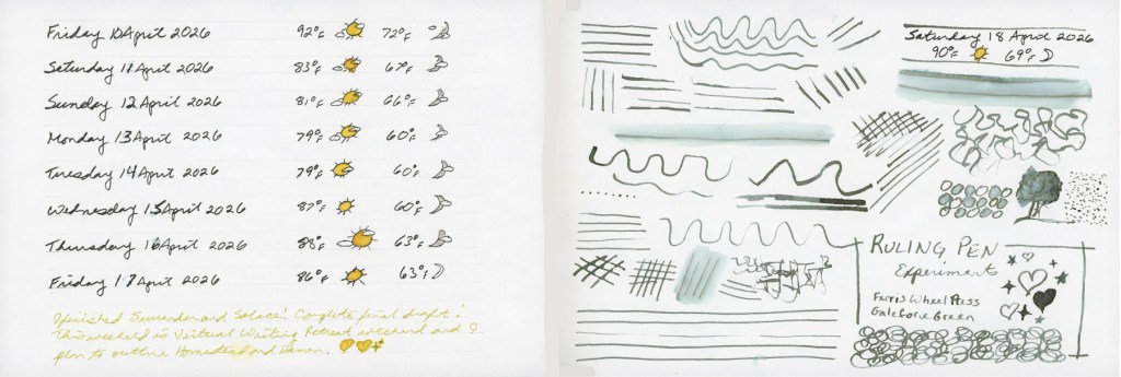A double page spread in a Stillman and Birn Alpha sketchbook. The left page shows handwritten weather entries for April 10 through 17 2026 with small illustrated weather icons, and a note in yellow ink about finishing a novel draft and plans for a virtual writing retreat. The right page is filled with ruling pen mark-making experiments in Ferris Wheel Press Galeforce Green including parallel lines, waves, crosshatching, loops, a small tree sketch, and a labeled box with hearts and stars.