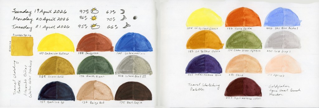 A double page spread in a Stillman and Birn Alpha sketchbook showing Travel Sketching palette swatches in half-dome format. The left page shows Albrecht Dürer Watercolor Markers with weather entries for Sunday through Tuesday April 19–21 2026, and a small Diamine ink square. The right page shows Goldfaber Aqua Dual Brush Markers. Both pages are labeled Travel Sketching Palette.