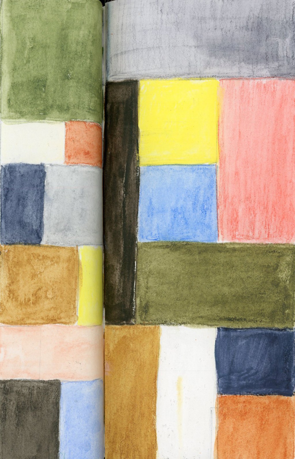 Close-up of a color block mosaic filling a double page spread in a Stillman and Birn Alpha sketchbook. Overlapping rectangles of the Travel Sketching palette colors — greens, yellows, blues, earthy oranges, pinks, and navies — are layered across both pages in an abstract composition suggesting the work of Paul Klee. Albrecht Dürer Watercolor Pencils and Inktense.