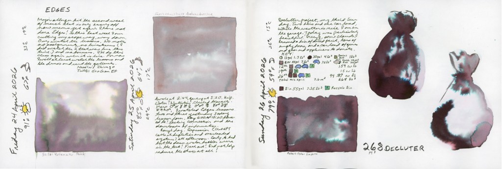 A double page spread in a Stillman and Birn Alpha sketchbook covering Friday 24 through Sunday 26 April 2026. The left section shows handwritten journal entries for Friday with the heading Edges and a Sailor Yurameku Seki ink wash swatch in a soft ethereal grey-purple. The center section shows a Ferris Wheel Press Adventurine wash swatch in dusty rosy grey with journal notes. The right section shows handwritten decluttering metrics and a symbol tracking chart alongside two large Robert Oster Graphite chromatography garbage bags, labeled 268 cu ft Declutter.