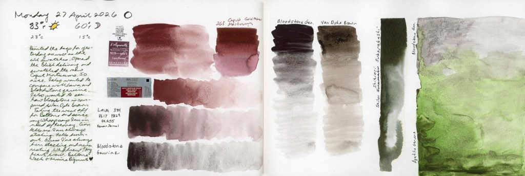 A double page spread in a Stillman and Birn Alpha sketchbook dated Monday 27 April 2026 with weather noted as 83 degrees Fahrenheit and 60 degrees at night. The left page shows a handwritten journal entry alongside Caput Mortuum watercolor comparison swatches with two paint tube labels affixed to the page. The right page shows Bloodstone Genuine and Van Dyke Brown gradient swatches, Sailor Shikiori Subarakishi and Apatite Genuine ink and paint swatches, and the Bloodstone Genuine and Apatite Genuine combined swatch. All pages are dense with color and handwritten labels.
