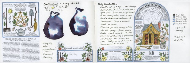 A sketchbook spread dated Saturday 2 May 2026. Far left, a Coloring Book of Shadows garden charms and spells page. Center, two abstract ink blob shapes in deep blue-black with dramatic chromatography, with handwritten notes reading "Keep up the Momentum / Peace / Sanity!" Below, a small plant illustration labeled "Diamine Good Tidings." Right side, a handwritten journal entry about a big garage declutter, with a Taurus/Gemini astrological illustrated page and cubic footage tracking notes.