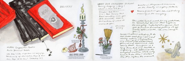 A sketchbook spread showing a watercolor and ink sketch of stacked Coloring Book of Shadows journals on the left — black Witch's Composition Books and a red Aries Journal Book. Center, a decorated candle illustration with garlic, peppers, and onion. Right side, a "Start Your Sketchbook Journal" prompt page with a broom and flower bucket illustration and handwritten personal reflections about returning to an illustrated journal practice.