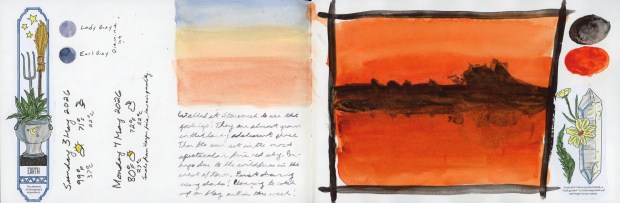 A sketchbook spread covering Sunday 3 May and Monday 4 May 2026. Left side shows a Coloring Book of Shadows Earth element page and two Diamine ink swatches labeled Lady Grey and Earl Grey. Center, handwritten journal notes about walking at Stonecreek and watching the sunset. Right, a bold watercolor painting of a fiery red-orange sunset sky with a dark silhouetted treeline, painted in dramatic washes of orange, red, and deep brown-black.