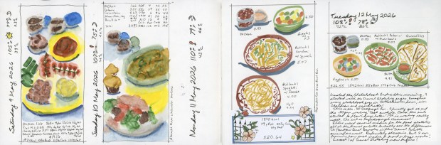 A sketchbook spread covering Saturday 9 May through Tuesday 12 May 2026, showing four more days of illustrated food diary entries in a limited watercolor palette. Meals are painted as small loose sketches of bowls and plates with handwritten annotations. A journal entry on the right notes creating the Sketchbook Index and starting Lesson 1 of the Travel Sketching course. Media noted include Albrecht Dürer Watercolor Markers and Faber-Castell Fine Brush Pen.