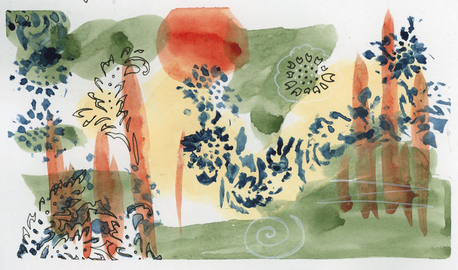 Abstract Watercolor Painting in soft greens and yellows, with dark indigo and red accents.