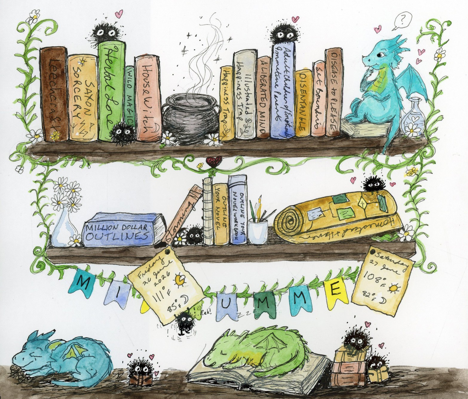 A whimsical ink and watercolor sketchbook spread celebrating Midsummer as a cozy bookshelf scene. Two wooden shelves are draped in climbing vines with white daisy-like flowers. The top shelf holds hand-lettered book spines in two clusters: witchcraft and herbalism titles on the left (Leechcraft, Saxon Sorcery, Herbal Lore, Wild Magic, House Witch) with a steaming black cauldron at centre, then psychology and self-help titles on the right (The Happiness Trap, A Liberated Mind, Adult Children of Emotionally Immature Parents, Disentangle, Set Boundaries, Disease to Please). Small black soot-sprite creatures peek from behind the spines, and a contemplative teal dragon with a question-mark speech bubble perches at the far right. The second shelf holds writing craft books (Million Dollar Outlines, Outline Your Novel), a cup of pens, and a rolled yellow scroll. Below the shelves, a bunting banner spells out MIDSUMMER in teal and multicolour letters, flanked by two crumpled weather-note tags recording Friday 20 June 2026 and Saturday 27 June temperatures. At the bottom of the page, a blue dragon sleeps curled at lower left, a green dragon dozes on an open book at centre with ZZZ drifting upward, and soot sprites cluster at lower right with tiny stacked books. The mood is warm, witchy, and softly celebratory.
