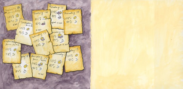 A sketchbook spread with a dark, smoky purple-grey watercolor background on the left page, and a soft solid yellow on the right page (left blank). Scattered across the dark left side are twelve small handmade note cards in warm amber-yellow tones, each recording weather data for one day from Monday June 8 through Friday June 19, 2026. Several cards note a wake-up time (5:30, 4:50, 4:00, 4:45, 3:30). The cards are hand-drawn to look aged and yellowed, with dark outlines. Temperatures range from 103°F to 112°F.