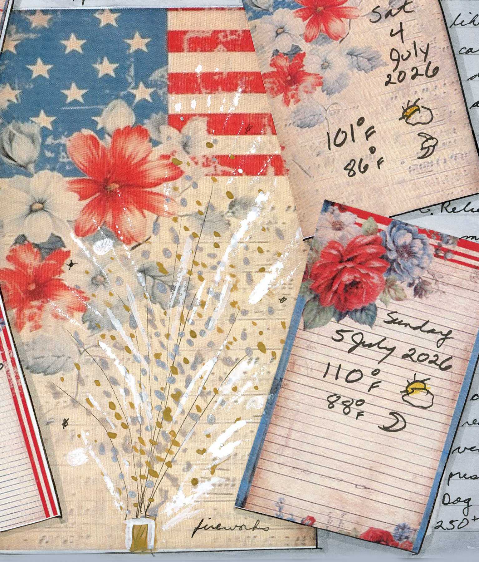 Americana collage and weather information for 4-5 July 2026, with painted fireworks.
