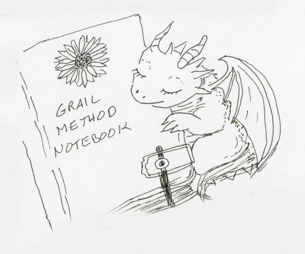 Ink sketch of notebook with baby dragon.