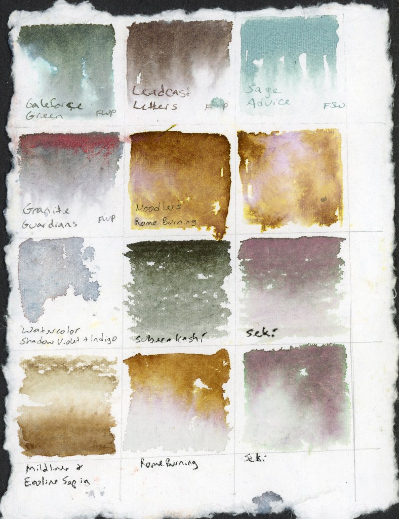 Ink swatches on handmade watercolor paper
