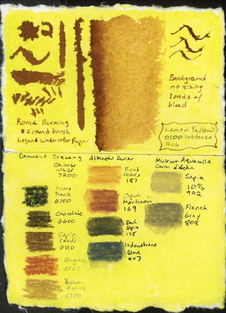 Ink swatches on handmade watercolor paper tinted Lemon Yellow, with colored pencil swatches