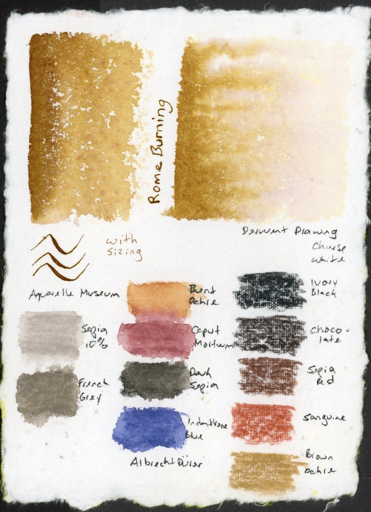 Ink and colored pencil swatches on handmade watercolor paper