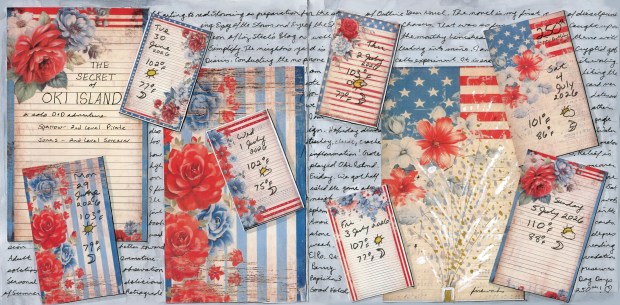 Sketchbook spread with Americana collage, note cards, and weather notes for 30 June through 5 July 2026 on top of a handwritten background.