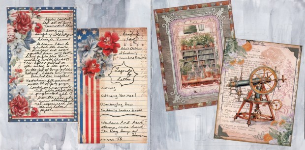 Sketchbook spread with americana note cards with handwriting, and junk journal ephemera.