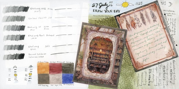 Sketchbook spread with pencil swatches, date and water for 26-27 July 2026, and a Draw Your Day style with collage and text.